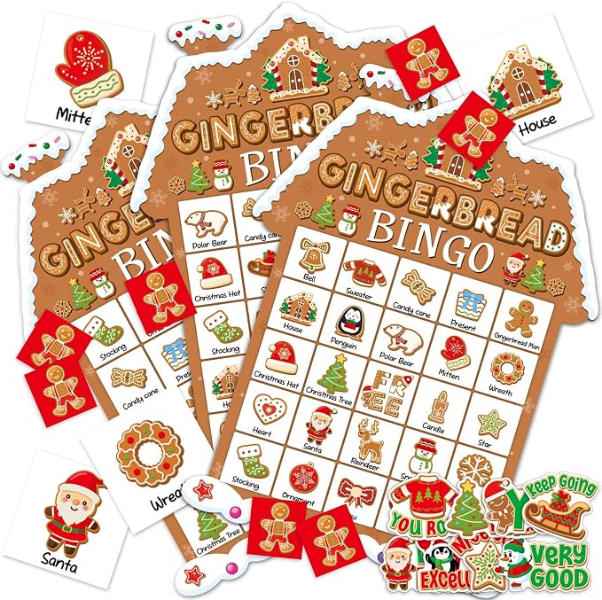 39Pcs Christmas Gingerbread Themed Bingo Game for Kids Adults 24 Players Christmas Baking Game Cards with Reward Stickers for Family Friends Students Large Group Activities Winter Holiday Party Favors