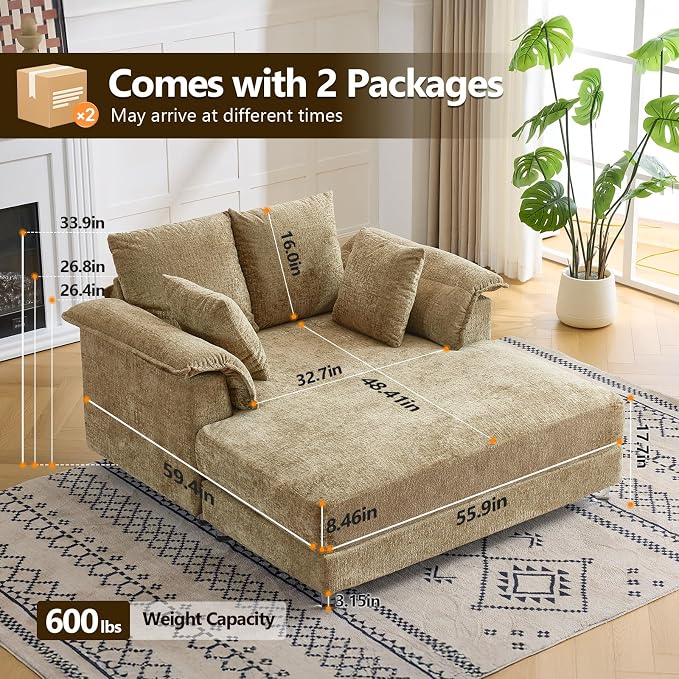 VINGLI Modern Floating Chaise Lounge Chair with LED Lights & Acrylic Legs, Upholstered Cushion Deep Seat Lounge Sofa with Iron-Wood KD Frame, Pillow Armrest Accent Chair for Living Room, Apartment