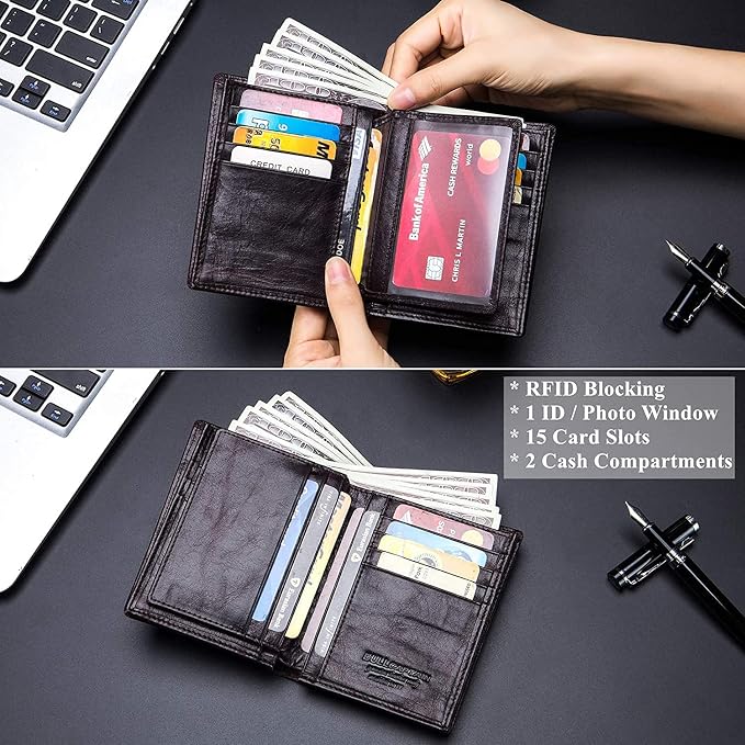 BULLCAPTAIN Large Capacity Genuine Leather Wallet for Men QB-027 | Bifold Wallet,RFID Blocking,Credit Card Holder,15 Card Slots,Special Expandable Design,gift choice