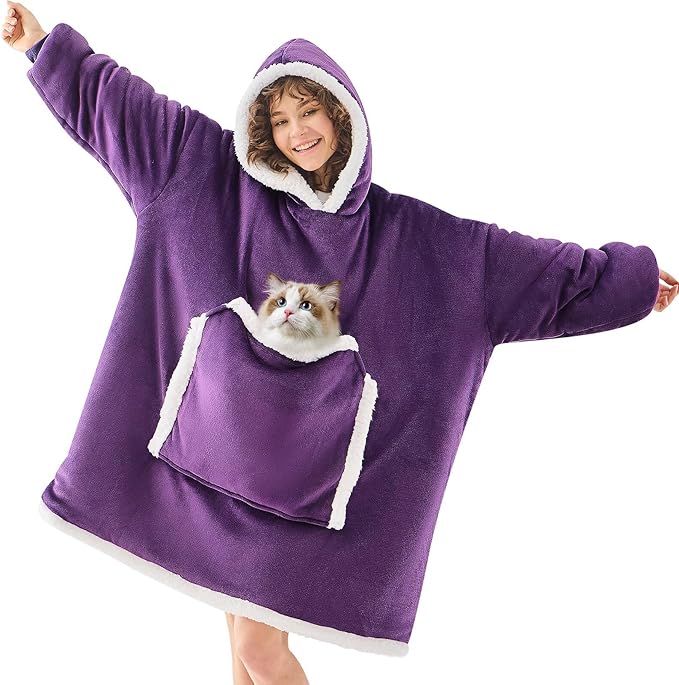 JOYWOO Purple Wearable Blanket Hoodie,Oversized Cat Lovers Sweatshirt Blanket for Adult,Birthday Gifts for Women,Mom,Grandma,Cozy Sherpa Hooded Blanket Giant Pocket Winter Gifts,Dark Purple Standard