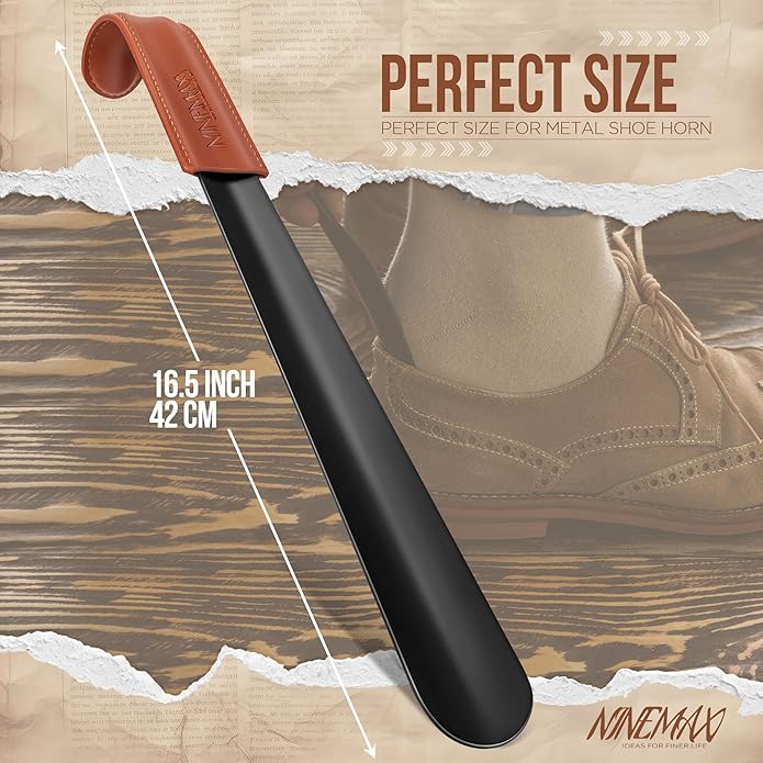 NINEMAX Shoe Horn Long Handle for Seniors Men Women, Metal Long Shoehorn for Boots, Shoe Spoon Helper 16.5''