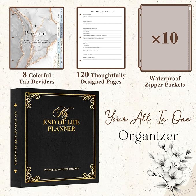 Lanpn End of Life Binder Organizer Death Planner 8.5"x11", Final Wishes & Estate Document Folder with 8 Dividers & 10 Letter Size Binder Pockets, When I Die Journal Before Death Life Plan Book, Black