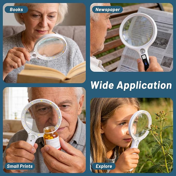 Large Magnifying Glass with Light: 10X 30X 5IN Lighted Handheld Magnifier with 13 LED Lights 3 Modes, 1150mAh Rechargeable Magnifying Lens Gift for Seniors Reading Coins Close Work-White+Black