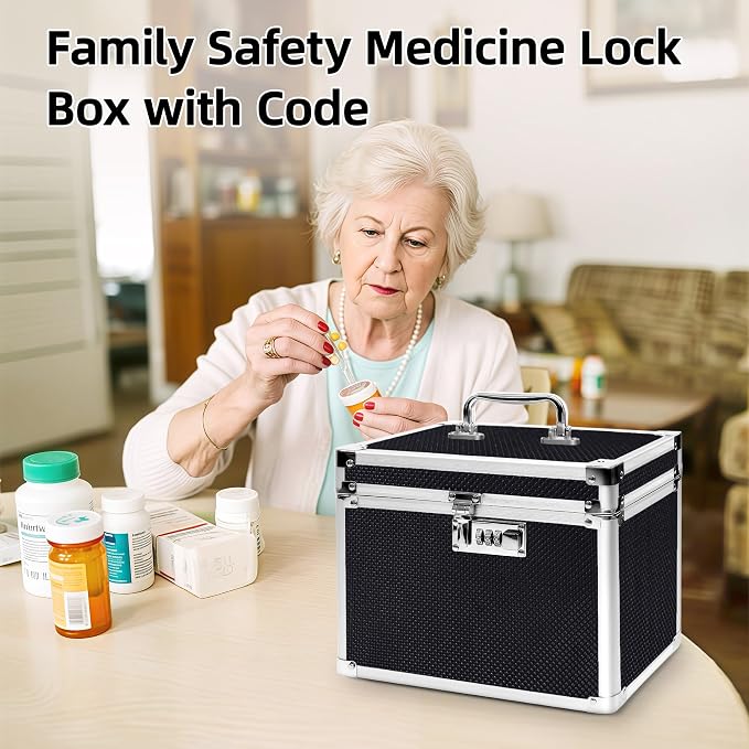 Medication Combination Lock Boxes with Code for Personal Items, Medicine Lockbox for Documents 10 x 7.25 x 7.75 Inches Black