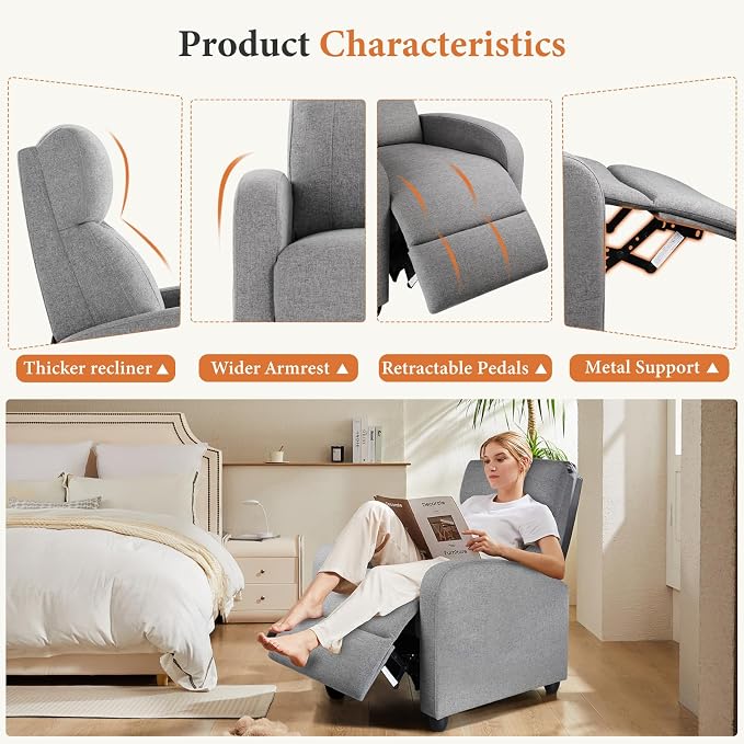 OLIXIS Recliner Chair for Adults, Home Theater Seating with Lumbar Support | Fabric Reclining Sofa for Adults, Sofa Chair Seat, Living Room, Recliners, Gray