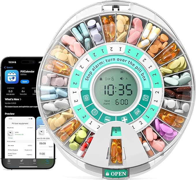Betife Automatic Pill Dispenser,28-Day Smart Bluetooth Pill Box, Easy Setup | App Support, Pill Case with 6 Alarms & Light Reminder, Electronic Medication Management for Seniors, Monthly Timer Dispenser
