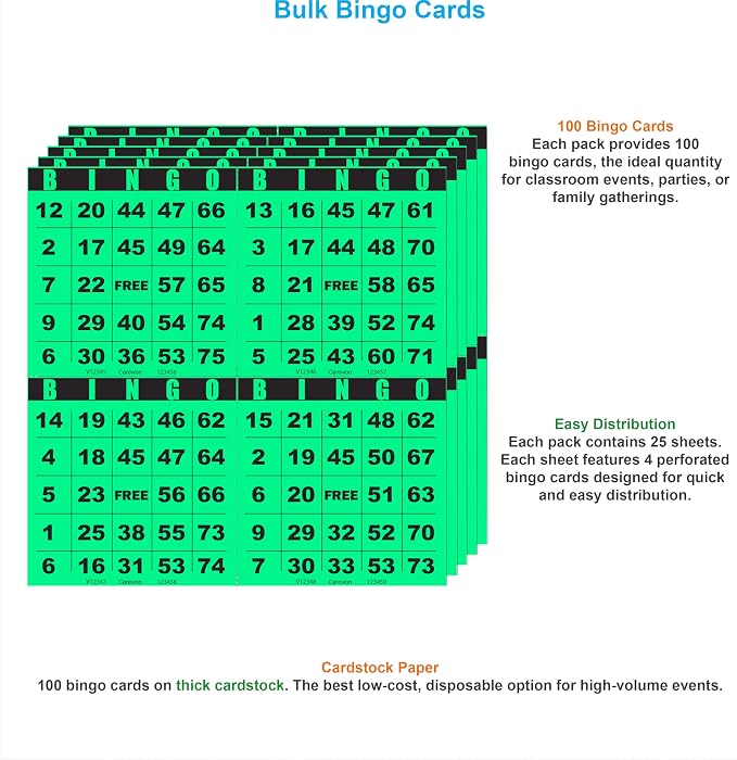 100 Bingo Cards, Large 4.5 x 4.5 Inch, Green, Paper Bingo Sheets | 8 Color Options, Premium Cardstock, Disposable with Daubers or Reusable with Chips — Proudly Made in USA