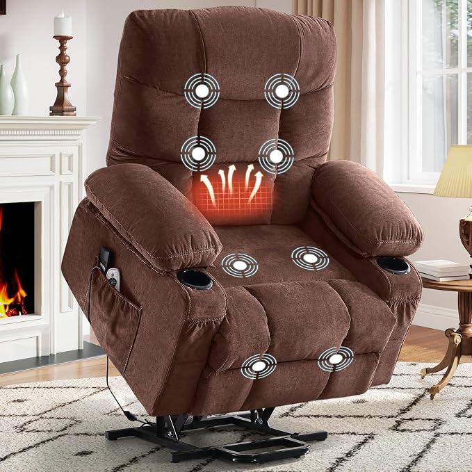 Power Lift Recliner Chair for Elderly with Vibration Massage and Lumbar Heating Electric Recliner Sofa with Cup Holders and USB Charge Port for Living Room Comfort,Deep Brown