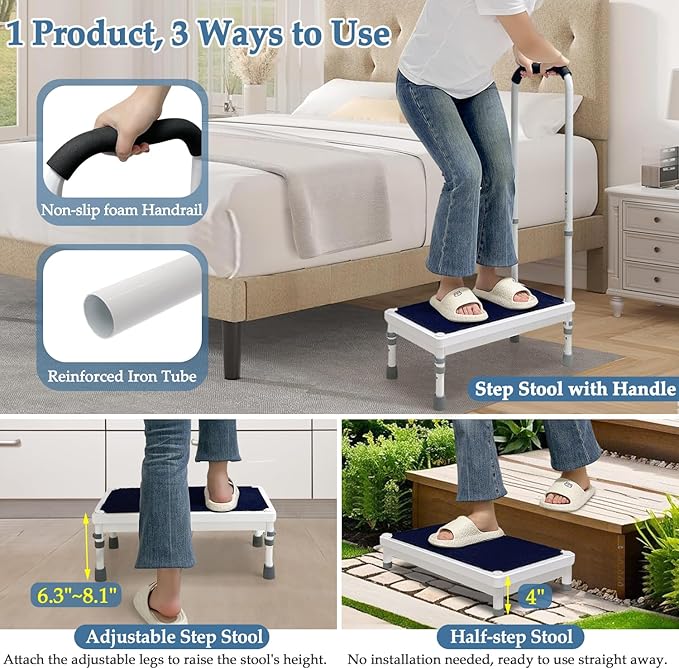 Step Stool with Handle for Elderly - Bedside Assist Step Stool for High Beds, Adults Fall Prevention, Seniors Non-Slip Wide Platform Step for Medical Stool, Bathtub, SUV Car (21.65-Stool)