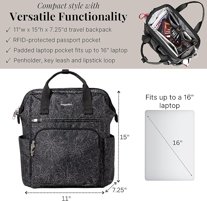 Baggallini Securtex Anti-Theft Windsor Backpack for Travel, Work & College, RFID & Locking Zipper, Up to 16" Laptop