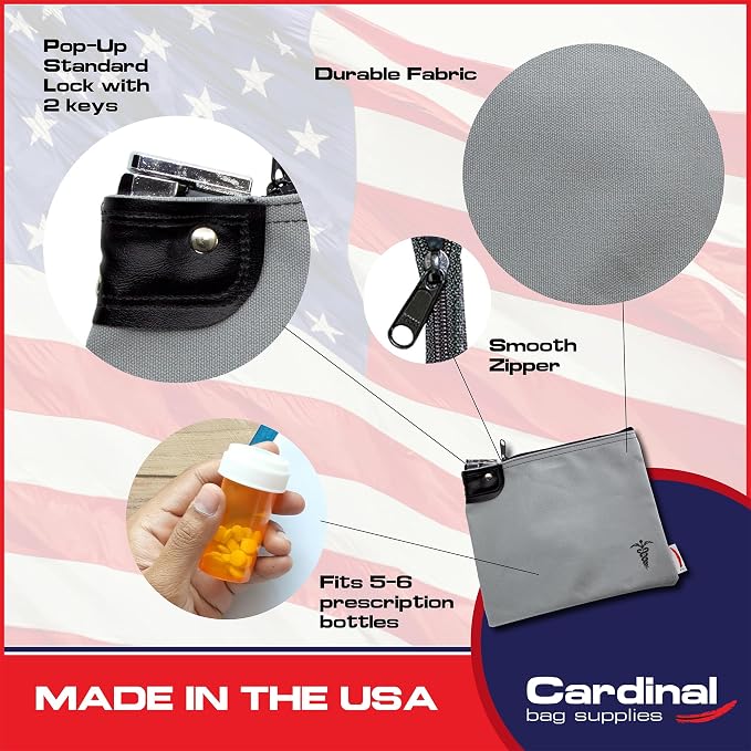 Canvas Medication Organizer Lock Bag, Gray, 8 x 10 | Travel Pill Organizer, 2 Keys Included, Heavy Duty Lock System, Pill Pouch