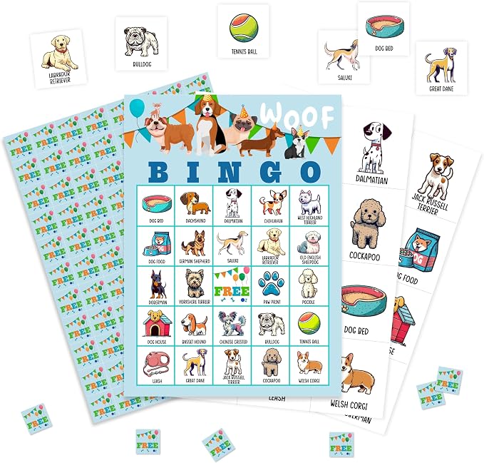 Dog Bingo Game Cards, Puppy Bingo Games for Adults, Doggy Cards Supplies, Pawty Party Birthday Party Decor Favors, Card Gifts for Dog Lovers Women Friends Family Holiday