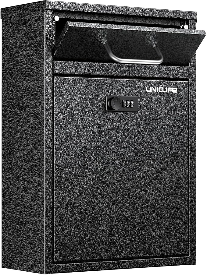 Uniclife Wall Mount Mailbox for Outside, Heavy Duty Locking Mailbox, Black | Anti-Theft Function, Large Mailbox with Combination Lock, Safe Key Drop Box, Steel Cash Drop Box for Home Office