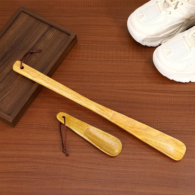 GLEAVI Wooden Shoe Horns 2-Pack Long and Short Handle Shoe Helpers for Seniors Men Women Portable Solid Wood Horn with Hanging Loop 15.74 & 6.30