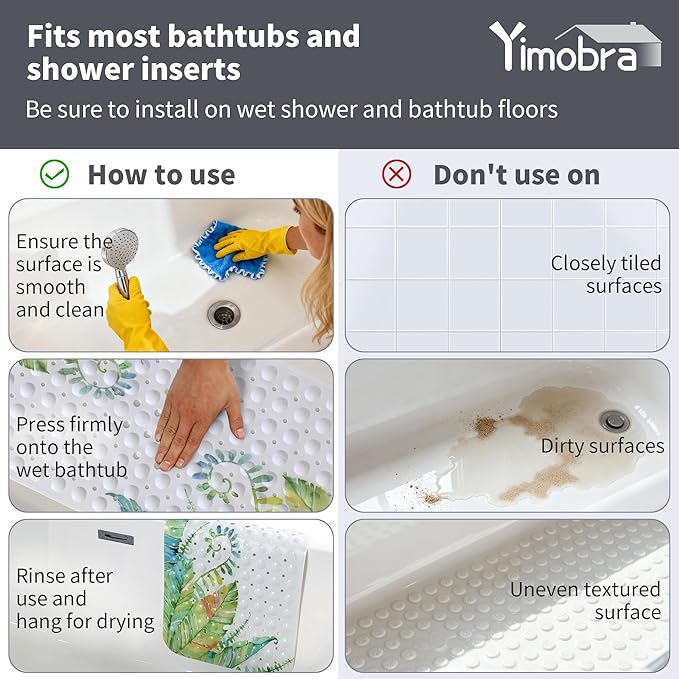 Yimobra Non Slip Bathtub Mat 40 x 16 Inch, Extra Long Shower Mat with Drain Holes, Machine Washable Baby Bath Mats, Strong Suction Cups for Bathroom Floor, Monstera