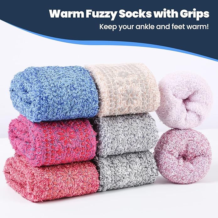 HUGSWEET 6 Pairs Thick Fuzzy Socks with Grip Cozy Non Slip Hospital Socks Home Fluffy Warm Slipper Socks Gifts for Women