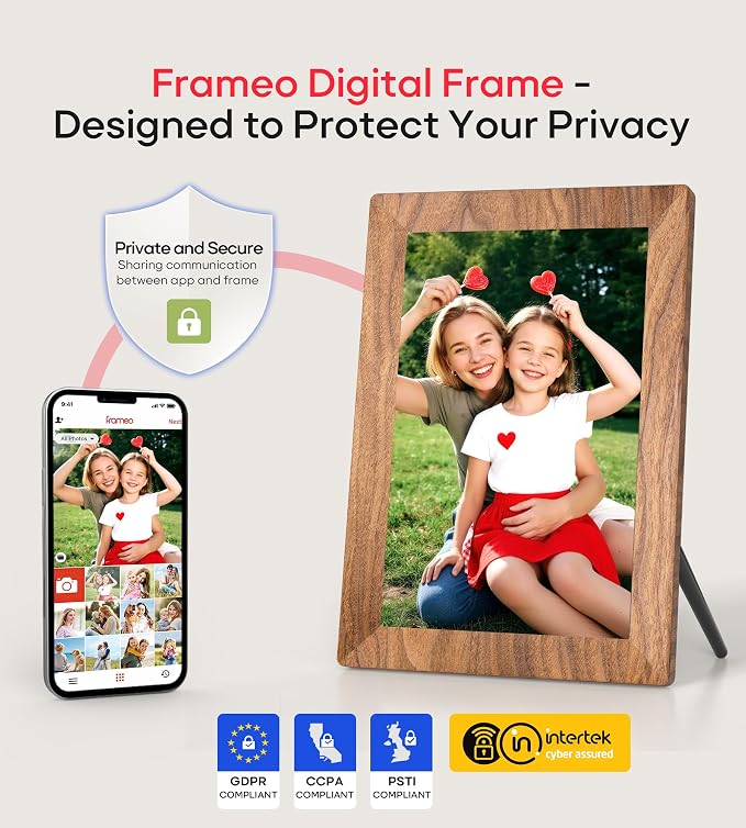 Frameo 10.1" Digital Picture Frame with 32GB Memory WiFi Electronic Photo Frame Wood 1280 x 800 IPS Touch Screen Auto-Rotate Slideshow Wall Mountable Share Photos/Video Remotely Anywhere