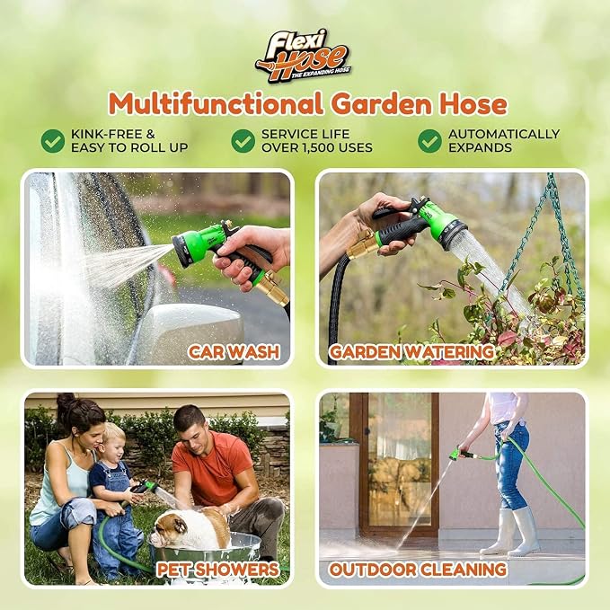 Flexi Hose Plus Expandable Garden Hose with 8 Function Nozzle, 75FT - Lightweight Retractable Garden Hose, Water Hose - No-Kink Flexibility, 3/4 Inch Solid Brass Fittings Includes Hook & Bag