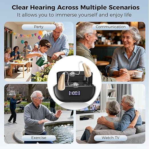 OTC Hearing Aids for Seniors & Adults - Rechargeable, 25+ Hour Battery Life, Advanced Noise Cancellation, 5-Level Volume & Memory, Clear Sound, Comfort-Fit, LED Display (Black)