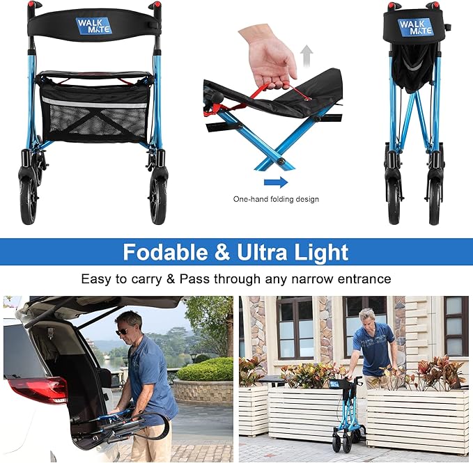 WALK MATE Rollator Walker for Seniors with Cup Holder, Upgraded Thumb Press Button for Height Adjustment, 4 x 8 Wheels Walker with Seat Padded Backrest Folding Lightweight Walking Aid, Blue