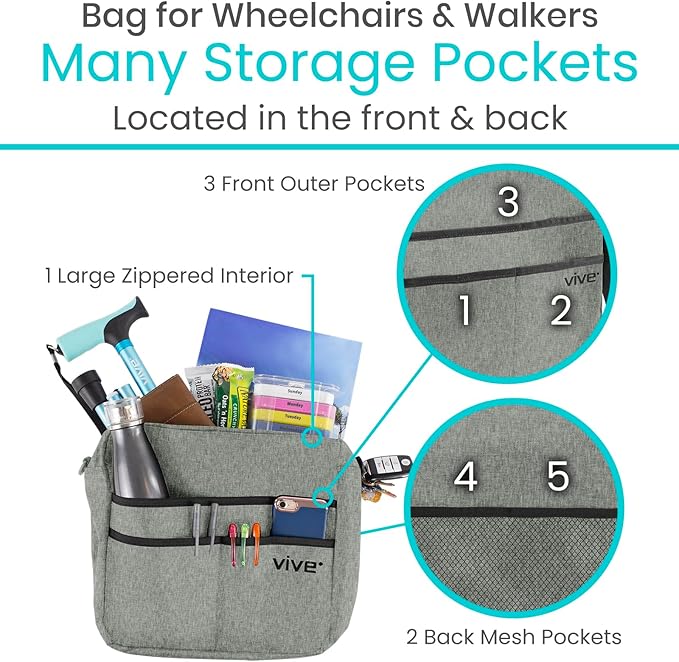 Vive Wheelchair Bag - Machine Washable, Double-Stitched, Water-Resistant Accessory Backpack for Rollators, Wheel Chairs, Walkers - Pouch with XL Pockets & Straps for Quick Installation