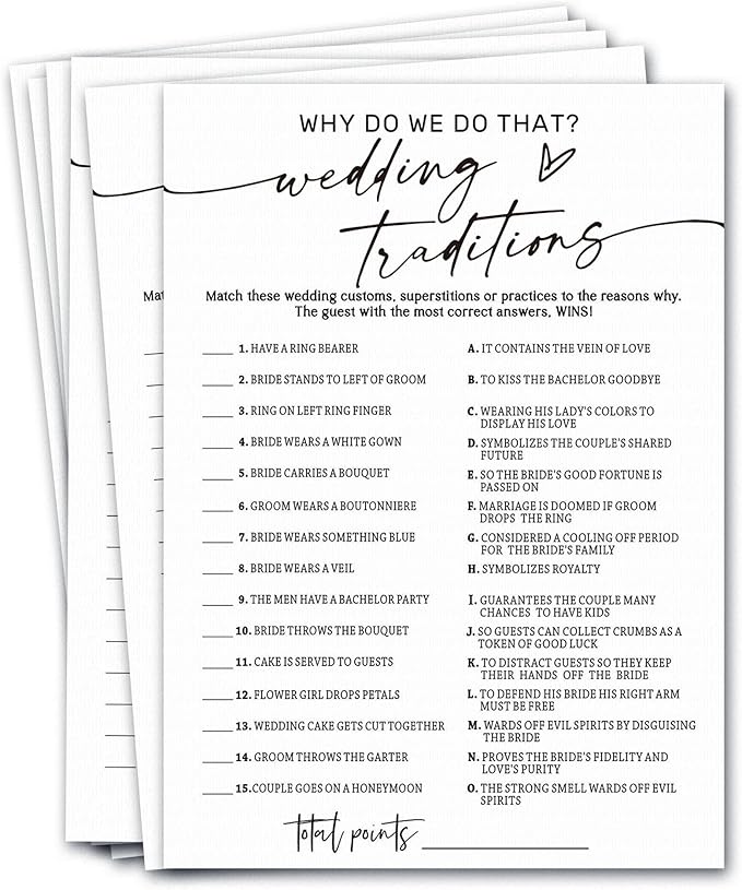 Bridal Shower Game Cards, Why Do We Do That Fun Icebreaker for Engagement Party Guests, 25 Cards with Answer Key, Minimalist White Wedding Shower Party Supplies - A08-3