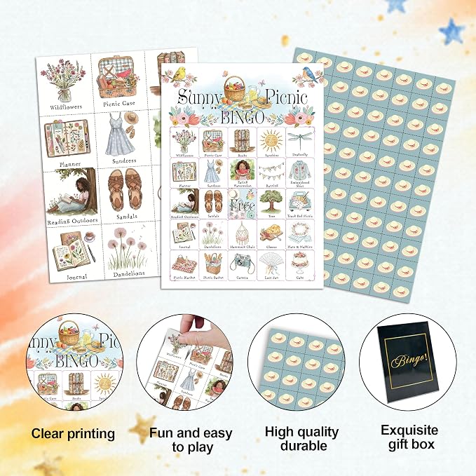 Picnic Bingo Game Cards, Sunny Picnic Bingo Set for Adults Large Group, Summer Themed Fun Games, Camping Party Activities Icebreaker Games for Family Friends, 14