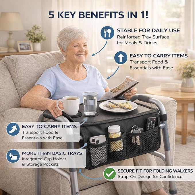 Walker Tray for Folding Walkers, 50 lb Capacity, Cup Holder | 50 lb capacity tray for folding walkers with cup holder and front pockets for meals, drinks, phone, tissues and medications
