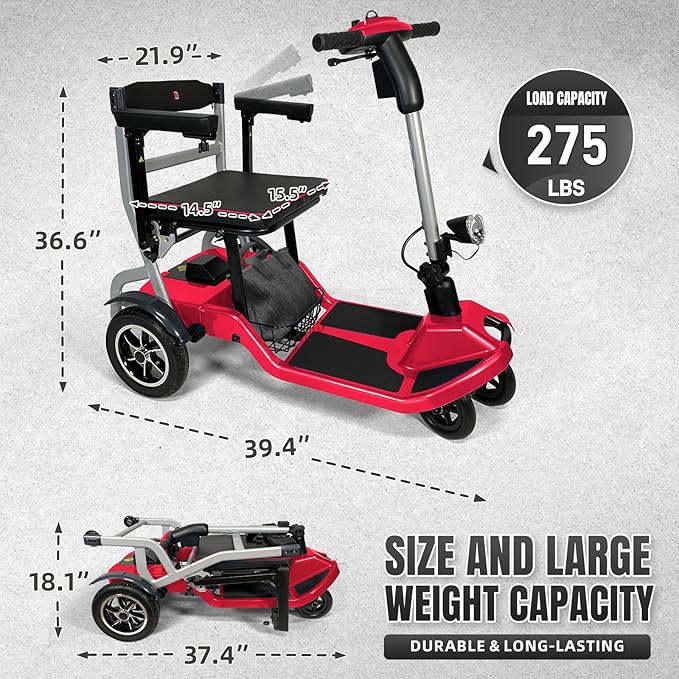 R3b-Mobility Scooters for Seniors Adults Ultra Lightweight 37.5 Ibs Electric Powered Folding 4 Wheel Mobility Scooter with Cup Holder, Compact & Convenient for Travel Airline Approved, Red
