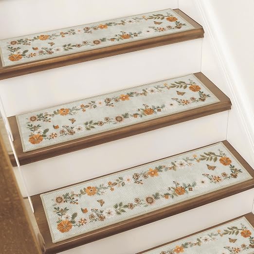 BEQHAUSE Stair Treads for Wooden Steps, 8"X30", 15pcs, Beige/Orange | Non-Slip Machine Washable Carpet Stair Treads, TPE Backing, 100% Polyester, Soft Indoor Stair Runner for Kids Elders and Pets