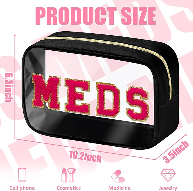 BuyCard Clear Meds Chenille Letter Nylon Makeup Bag - Portable Preppy Patch Cosmetic Toiletry Travel Storage Medicine Bag With Zipper for Women Girls Black