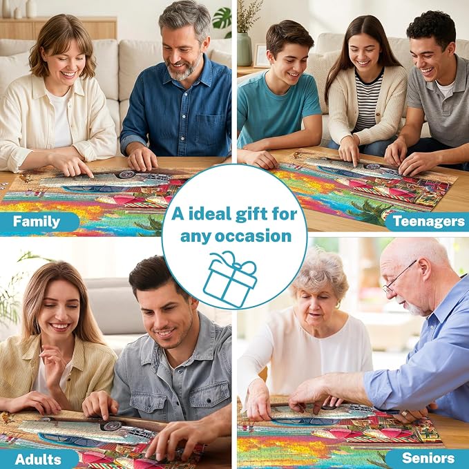 500 Piece Jigsaw Puzzle for Adults, Retro Beach Diner & Classic Car | Vibrant sunset, ocean views, retro beachside charm, family game night, screen-free fun, wall decor and unique gifts