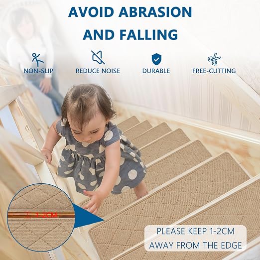 Stair Treads for Wooden Steps Indoor, 15 Pack 9" X 36" Non Slip Carpet Stair Treads with Reusable Adhesive for Kids Elders and Dogs, Surface Polyester TPR Backing Stair Runner Rugs,Beige