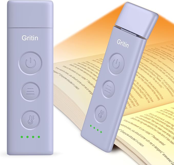 Gritin Book Light Rechargeable, Clip on LED Reading Light for Books in Bed | Eye Caring 3-Color & 5-Brightness, Stepless Dimming, Long Lasting, Compact Size Flexible Book Lamp for Bookworms-Purple