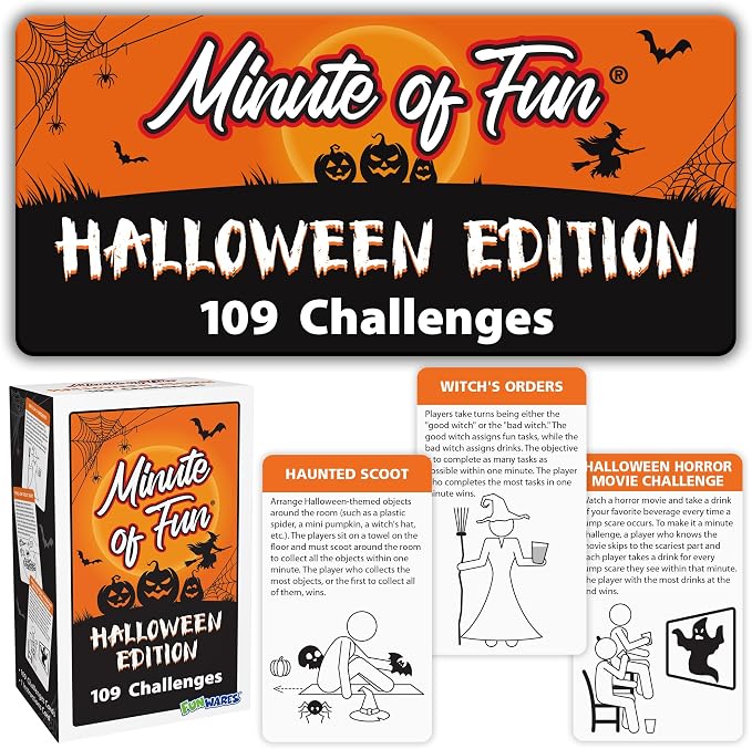 Funwares Minute of Fun Halloween Edition, 100 Challenges, 2-12 Players | Minute to Win It Style Spooky Games like Zombie Munch & Mummy Wrap, Uses Household Items, Halloween Party Hit, Ages 8+