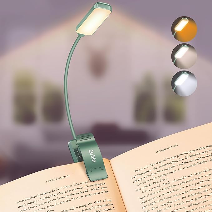 Gritin 9 LED Rechargeable Book Light for Reading in Bed | Eye Caring 3 Color Temps,Stepless Dimming Brightness,80 Hrs Runtime Small Lightweight Clip On Book Reading Light-Green