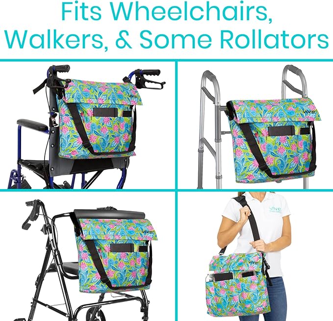 Vive XL Wheelchair Accessories Bag - Waterproof, Scratch-Resistant, Double-Stitched, Machine Washable for Adults, Seniors, 15 Colors - Storage Walker Backpack to Hang on Back