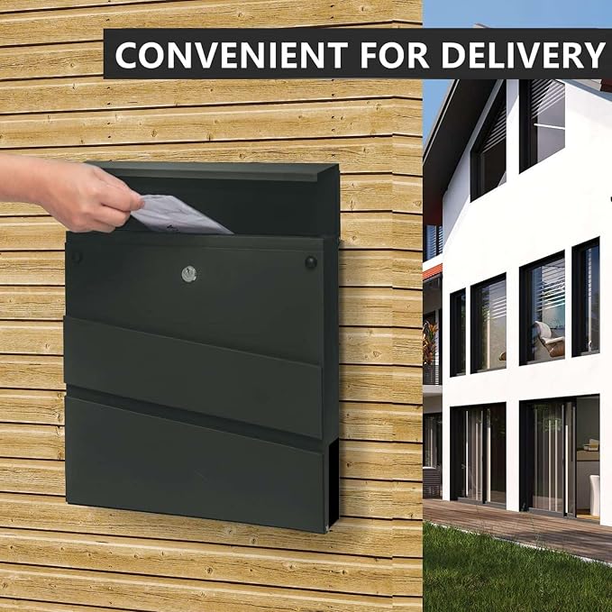 Wall-Mount Mailbox with Lock and Keys, Drop Box for House Outside, Locking Security, Rust-Proof Mail Box with Newspaper Compartment, 14.57 x 14.57 x 4.33 Inch, Dark Grey, MD021 X-Large