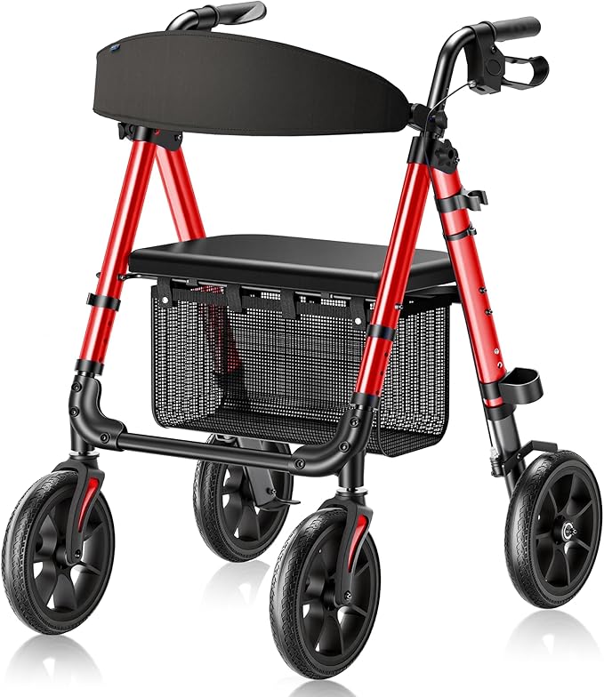WALK MATE Walkers for Seniors, 4 x10 Inch Big Wheels Rollator Walker with Seat 350lb Weight Capacity Foldable All Terrain Rolling Walker, Lightweight Mobility Aid with Adjustable Height, Red