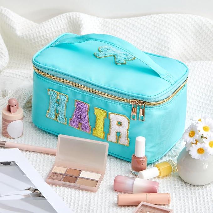 Geetery Clear Makeup Bag Chenille Letter Hair Bag Travel Cases Preppy Patch with Zipper, Portable Cosmetic Hair Accessories Organizer Toiletry Storage Case for Women