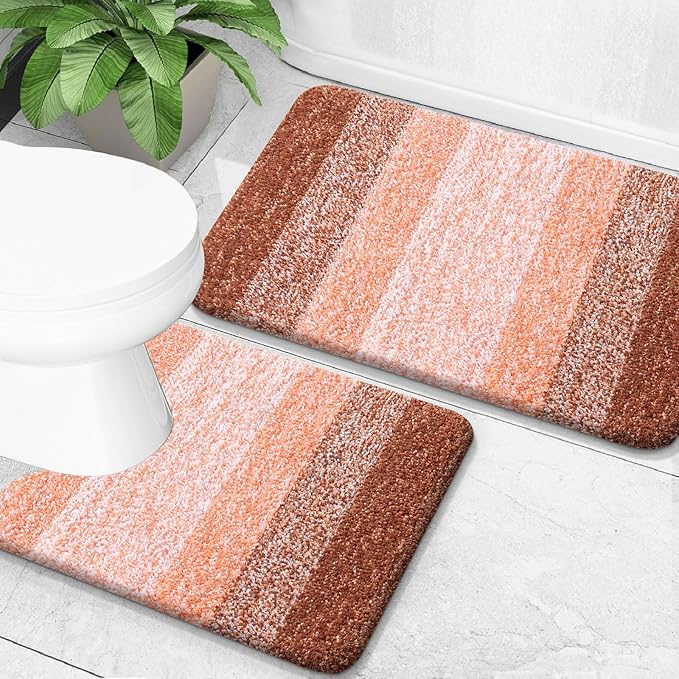 OLANLY Bathroom Rug Set 2 Piece, Soft Absorbent Microfiber Bath Mats and U-Shaped Contour Toilet Rug, Non-Slip, Machine Wash Dry, Plush Shaggy Bath Mats for Bathroom (24"x16"+U24 x20, Orange)