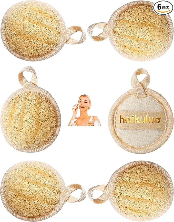 Natural Loofah face Scrubber Pads, 6 Pack | Loofah Facial Pads,Biodegradable，Exfoliator，with Hanging Loop