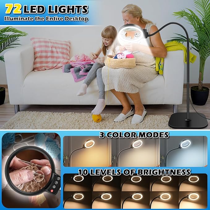 30X 10X Large Floor Magnifying Glass with Light and Stand | 2-in-1 Flexible Gooseneck Floor Magnifying Lamp,72 LED Lights, 3 Color Modes, Close Work,Sewing,Crafts,Hobbies