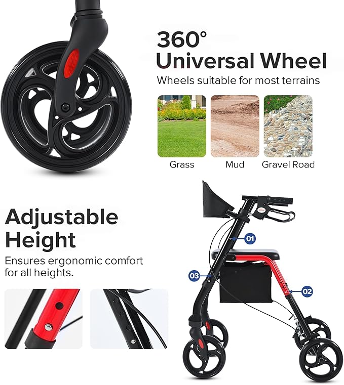 Metro Mobility Rollator Walker with Seat for Seniors, Foldable Lightweight Rolling Walker, 8" Big Wheels for All Terrain, 300 lb. Weight Capacity, Red