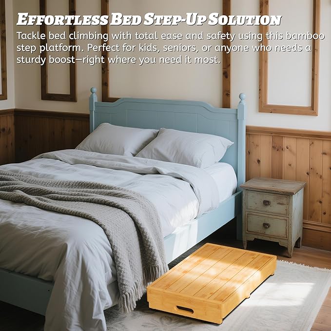 Homerays One Step Stool for Elderly,Bamboo High Riser Step Stool for Bed with Fluorescent Function No Assembly Required - 550 Lbs Wooden Mobility Stepping Stool for Bedside,Bathroom,Garden