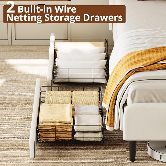 LIKIMIO Twin Daybed with Headboard, 2 Storage Drawers and Guardrails, Cream | No box spring needed. Safety rails & drawers. Ideal for dorms, guest rooms, small spaces. Easy assembly.