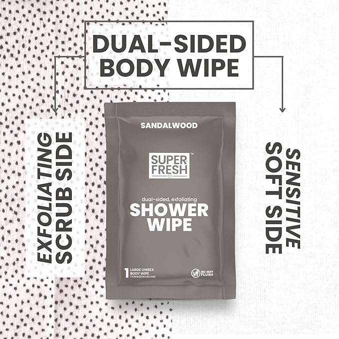 Super Fresh Shower Wipes Large Sandalwood Body Wipes for No Rinse Bathing Personal Hygiene Gym Travel or Camping Enriched with Aloe and Vitamin E 50 Individually Wrapped Disposable Sheets