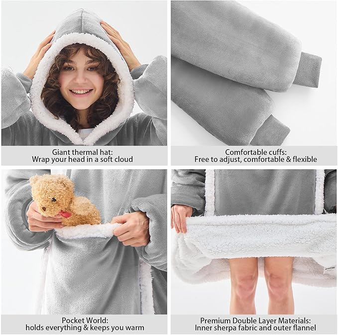 JOYWOO Wearable Blanket Hoodie,Oversized Cat Lovers Sweatshirt Blanket for Adult, Birthday Gifts for Women,Mom,Friend,Cozy Sherpa Hooded Blanket with Giant Pocket and Winter Gifts,Silver Grey Standard