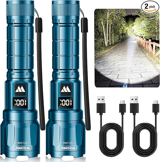 WdtPro LED Rechargeable Flashlight 2 Pack, 3 Modes Super Bright High Lumens Flashlights, Zoomable Tactical Flash Light with LCD Display, IP65 Waterproof Flashlights for Home Emergency Camping - Blue