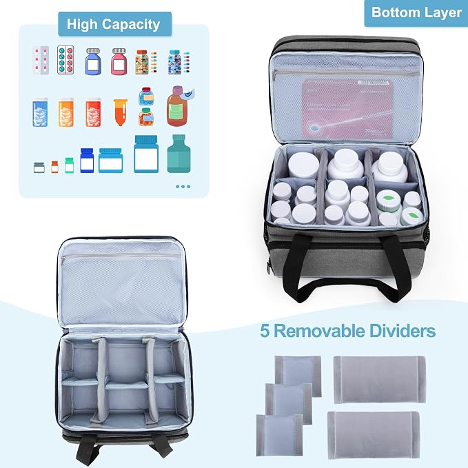 CURMIO Double Layers Pill Bottle Organizer, Medicine Storage Case, Gray | Emergency Medical Supplies for Home Care, for First Aid Kits, Multifunctional Bag, Home Storage, Dormitory, Travel, Empty Bag